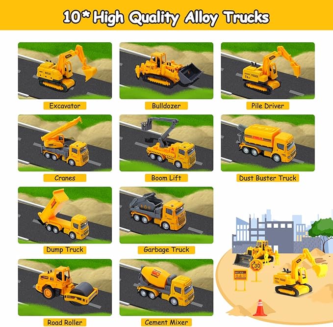 Construction Toys with Sound Books - Dig It! Dump It! Build It! Construction Board Book with 10 Buttons & 20 PCS Toys for 3+ Year Old, Great for Little Alloy Truck Lovers Kids