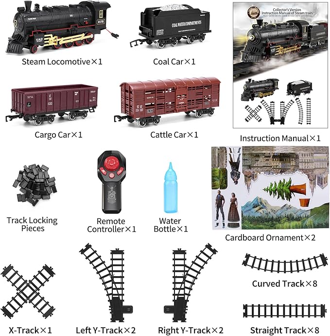 Train Set for Kids Remote Control Steam Locomotive Retro Train, with Railroad Carriages Long Tracks, Battery-Powered Model Train RC Toy Gift for Boys & Girls Ages 3-8