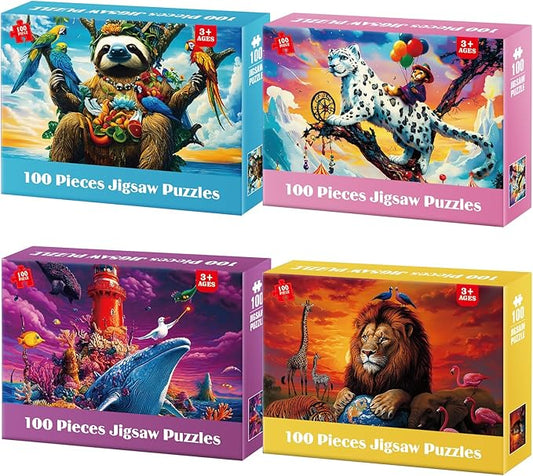100 Piece Puzzles for Kids Ages 4-6 6-8 - Fantastic Creatures Collection Puzzle for Kids Ages 8-10 Large Piece Puzzles for Seniors Adults Jigsaw Puzzles Educational Gifts for Girls Boys Toys 4 Packs