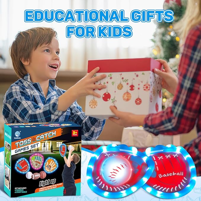 CozyBomB Toss and Catch Ball Game Set - Toddler Sports and Outdoor Toys, Sticky Baseball Glove Catch Games for Kids, Birthday Gifts for 3-10 Year Old Boys Girls (4 LED Paddle 6 Balls Vibration Flash)