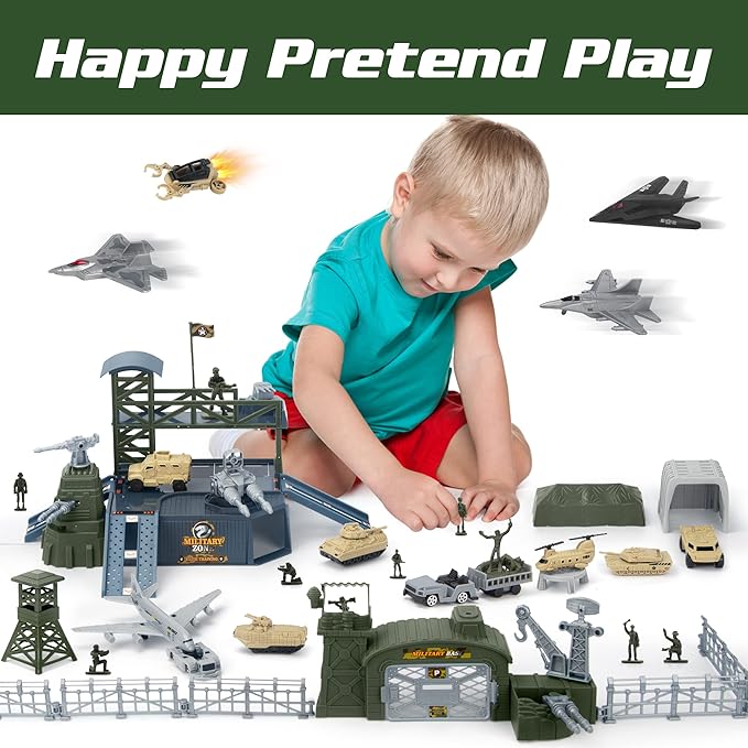 Army Toys, Military Airplane Tank Toy Sets with 13 Vehicles, Trucks, Helicopter, Fighter Jet, Play Mat with Army Men Action Figures and Accessories, Birthday Gift for Boys