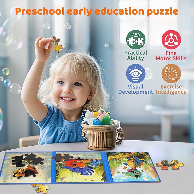 Dinosaur Puzzles for Kids Ages 3-5 113 Pieces Three-Book Animal Travel Puzzles for Kids 4-6 Airplane Car Road Trip Activities Games Toys 3 4 5 6 7 8 Year Old Girls and Boys Gift