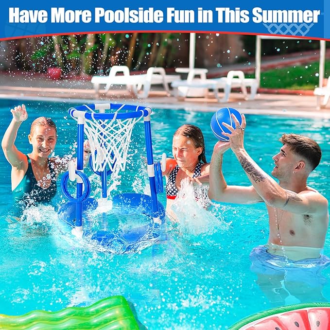 GMAOPHY Pool Basketball Hoop, 2-in-1 Poolside Floating Pool Basketball Game, Swimming Pool Games for Kids Adults Indoor Outdoor Play, Water Play Toy Family Party, Includes Hoop, Balls, Pump, Blue