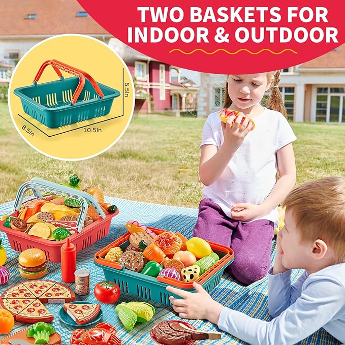 Play Food Sets for Kids Kitchen-80PC Pretend Food with 2 Kids Picnic Basket, Toy Food with Pizza Toy, Plastic Food Cutting Toys, Play Kitchen Accessories - Fake Food, Boys Girls Toddlers Gifts
