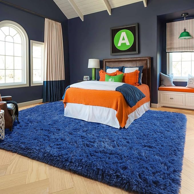 Amdrebio Navy Blue Area Rugs 8x10 for Living Room Boys Bedroom, Large Shag Fluffy Furry Plush Rug for Baby Kids Room Decor Aesthetic, Cool Royal Dark Blue Carpet for Nursery Classroom Dorm Playroom