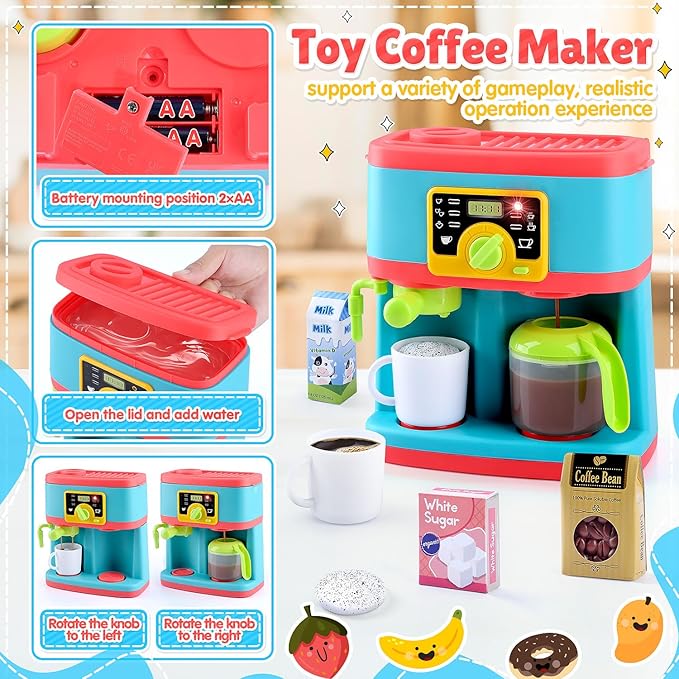 PLAY Kitchen Appliances Toys Set, Pretend Play Kids Kitchen Playset with Coffee Maker, Toy Blender and Play Foods, with Realistic Lights and Sounds, Play Kitchen Accessories Gift for Toddler Ages 3+