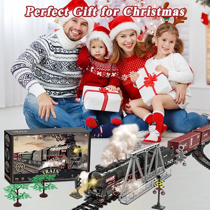 Train Set for Kids, Electric Train Toys with Realistic Light Sounds Smoke, Christmas Train Model Gifts for Toddlers Boys Girls, Steam Locomotive, Luxury Track & 3 Truck Carriages