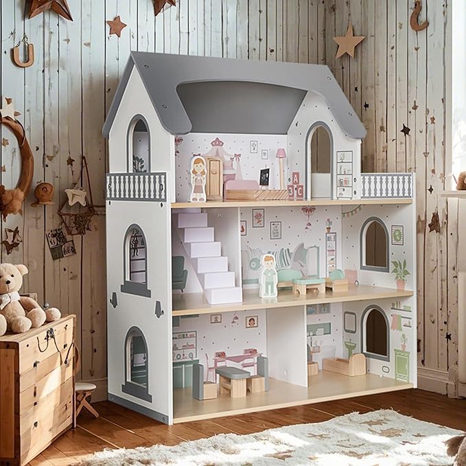Wooden Dream Playhouse with Balcony, Doll House for Kids with Furniture, DIY Pretend Dolls Play House Toy, Girls Dollhouses Toys with 12 PCS Accessories, Birthday Gifts for Boys & Girls Ages 3+