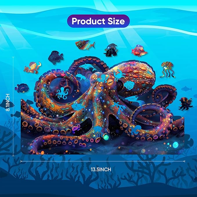 Wooden Jigsaw Puzzle for Adults and Kids Unique Shape Wood Colorful Beautiful Box Fun Challenge Brain Health Family Game Creative Gift for Friends Rompecabezas Madera(Octopus 200pcs)