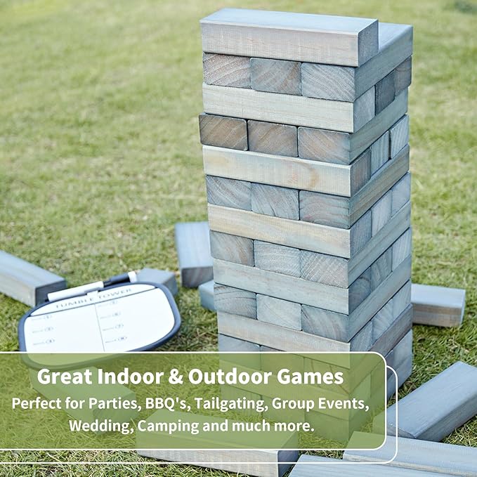 ApudArmis Giant Tumble Tower Stack to Over 5Ft, 60 PCS Pine Wooden Stacking Timber Game with 1 Dice Set - Classic Block Giant Outdoor Game (7.48 * 2.48 * 1.5 in Each Block, Gray)