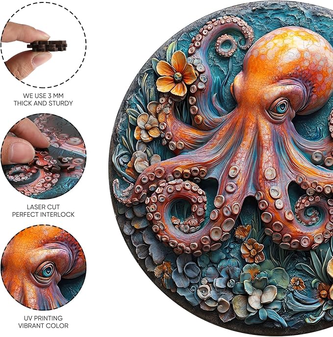 Wooden Puzzles for Adults, 3D Octopus Wooden Jigsaw Puzzles 200 Pieces, Medium, 11.2 in Unique Shape Ocean Wooden Puzzle, Irregular Puzzle Creative for Adults and Kids Family Games
