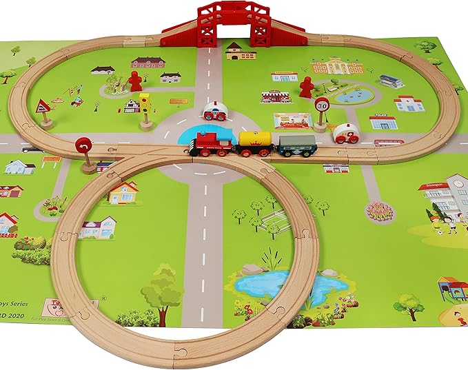 Wooden Train Set with Town Map-Shinington Railway Track Construction Building Toys for 3 Years Old Kids Boys Girls-Vehicles Transport Wooden Toys Gift for Toddlers 3 4 5 Years Old