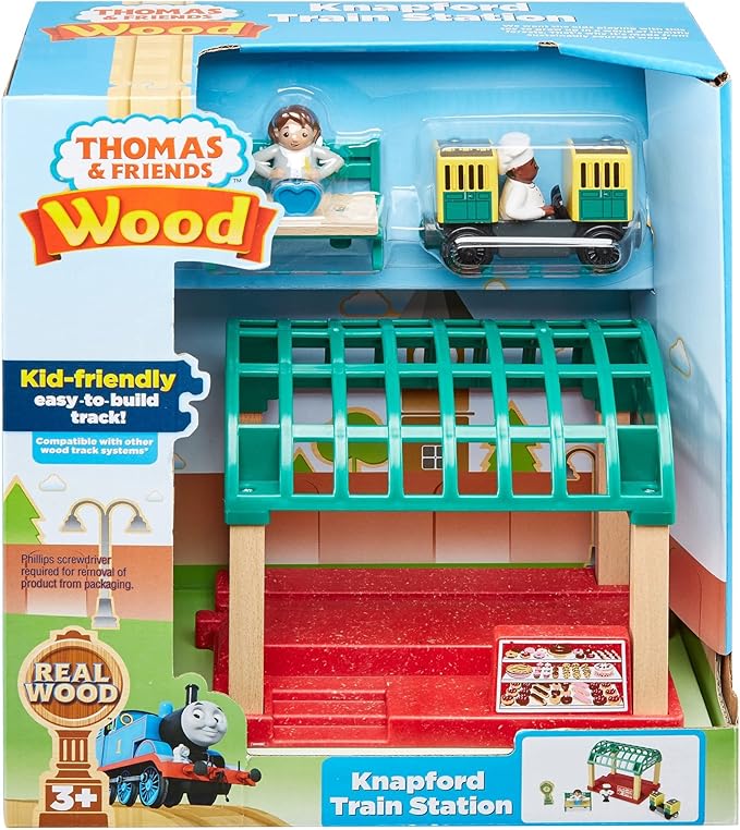 Thomas & Friends Wooden Toy Knapford Train Station Playset with Figures & Passenger Coach for Preschool Pretend Play Kids Ages 3+ Years