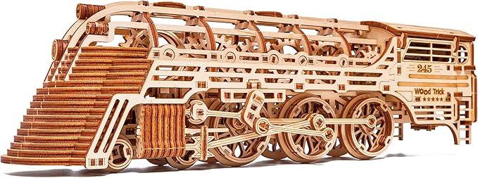 Wood Trick Atlantic Express Train 3D Wooden Puzzles for Adults and Kids to Build - 26.7x4 in - Rides up to 9 ft - Mechanical Locomotive Model Kit for Adults and Kids