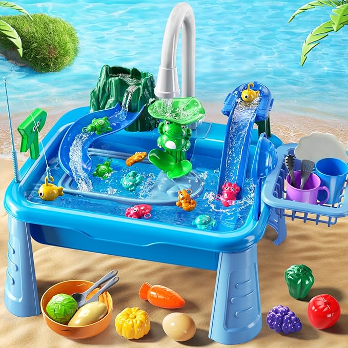 Water Table Play Sink Toy for Kids 2 3 4 5 6 Years Old - Outdoor Kitchen with Running Water, Fishing Games, Toddler Water Play Table for Kids Ages 3-8, Beach Outdoor Toys, Summer Gifts
