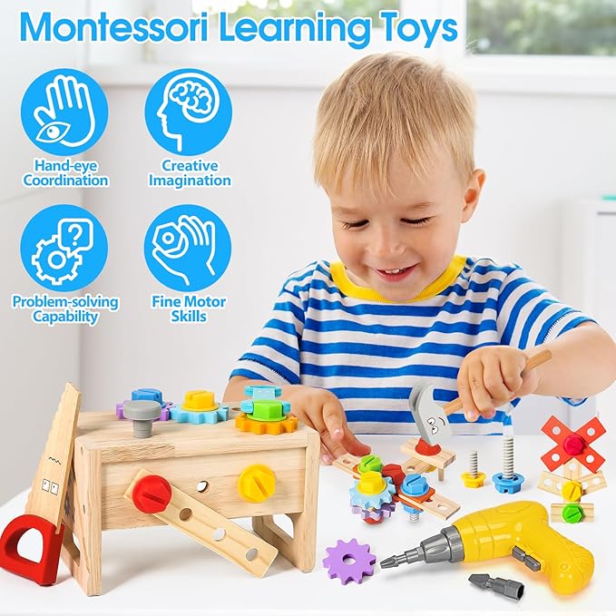 Kids Tool Set with Electric Drill, 39 Pcs Wooden Toddler Play Tool Bench Kits with Tool Box, Montessori STEM Educational Pretend Construction Toy for 3 4 5 6 Year Old Boys Girls Birthday Gifts