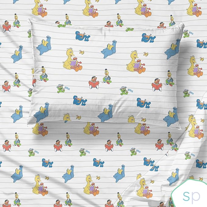 Saturday Park Sesame Street Queen Sheet Set - Elmo and Cookie 4 Piece 100% Organic Cotton Sheets with Pillow Cover - GOTS & Oeko-TEX Certified