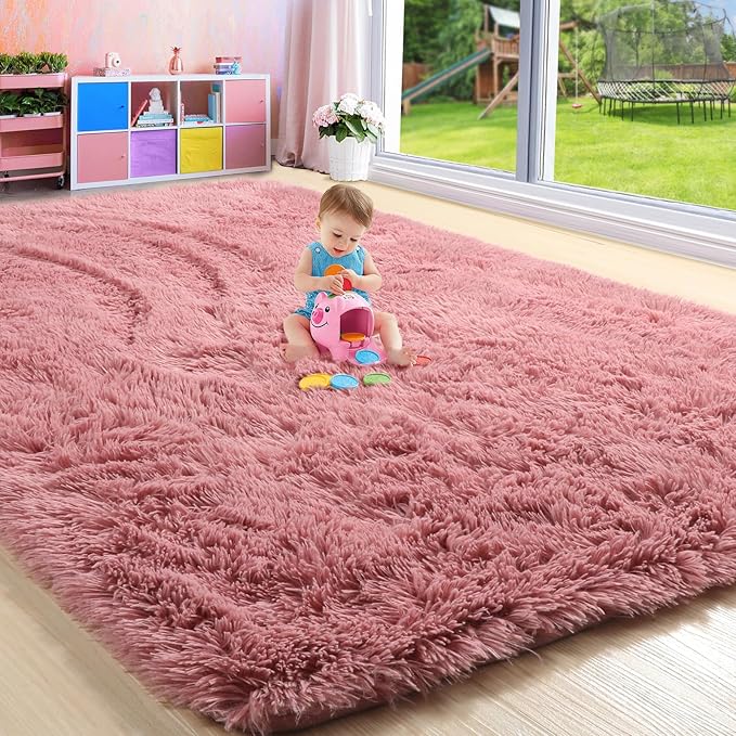 Amdrebio Blush Pink Kids Area Rugs for Girls Bedroom, 5x8 Shaggy Fuzzy Fluffy Kawaii Rugs for Living Room Playroom, Furry Plush Shag Floor Carpet for Nursery Dorm Classroom, Cute Dusty Rose Mauve Rug