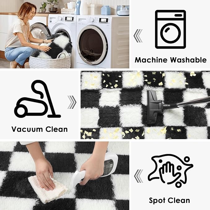KICMOR Area Rugs for Bedroom Living Room, 4x6 Black and White Fluffy Soft Checkered Rug Fuzzy Shag Shaggy Carpet, Indoor Plush Floor Rugs for Kids Boys Girls Teen Dorm Nursery Home Decor Aesthetic