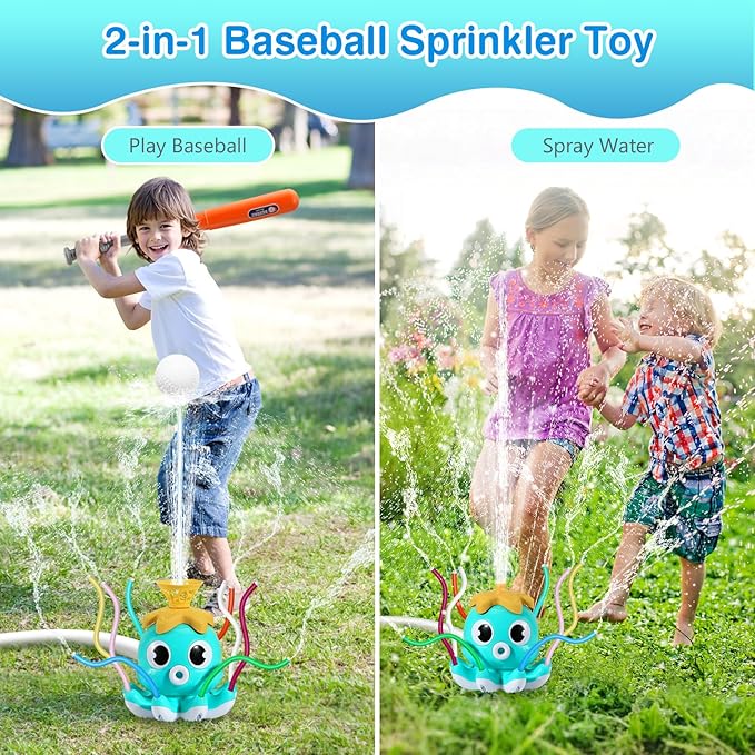 MoKo Water Sprinkler Baseball Toy for Kids Outdoor Play, 2 in 1 Octopus Baseball Water Games for Boys Girls, Yard Sprayer Sprinkler, Toddler Outdoor Toys for Backyard Garden Lawn Pool, Sky Blu Octopus