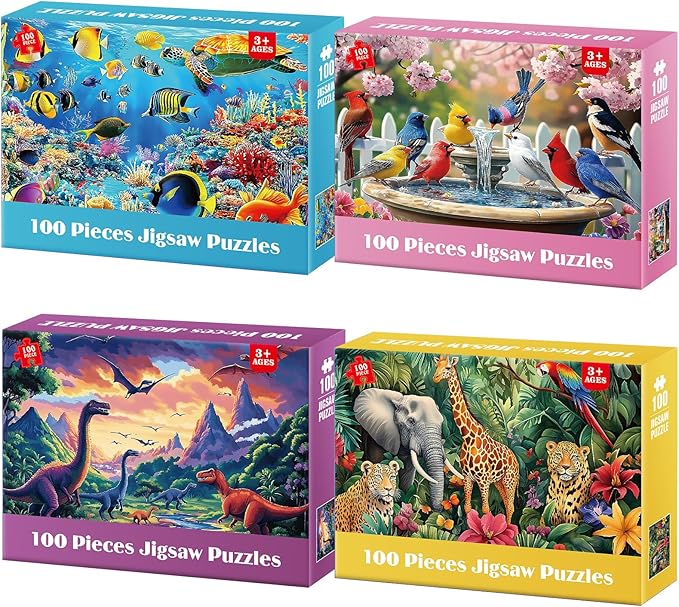 100 Piece Puzzles for Kids 4-8 - Wildlife Birds Marine Dinosaurs Puzzle for Toddlers 3-5 Large Piece Puzzle for Seniors Adults Puzzles for Kids Ages 4-6 6-8 8-10 Educational Toys Gift