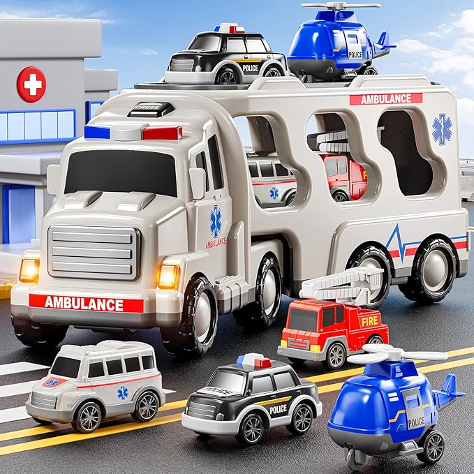 5-in 1 Play Ambulance Toy Vehicle Toddler Truck Toys for 3 4 5 6 7 Year Old Boys - Friction Powered Cars with Light and Sound, Police Car, Fire Truck, Ambulance Car, Birthday Gifts for Kids