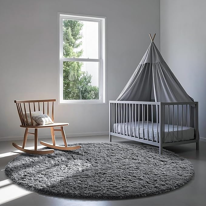 Ophanie Round Rugs 6Ft Grey Circle Area Rug, Fluffy Fuzzy Bedroom Carpet, Plush Soft Shaggy Indoor Floor Gray Living Room Rugs for Kids Home Decor Aesthetic, Nursery