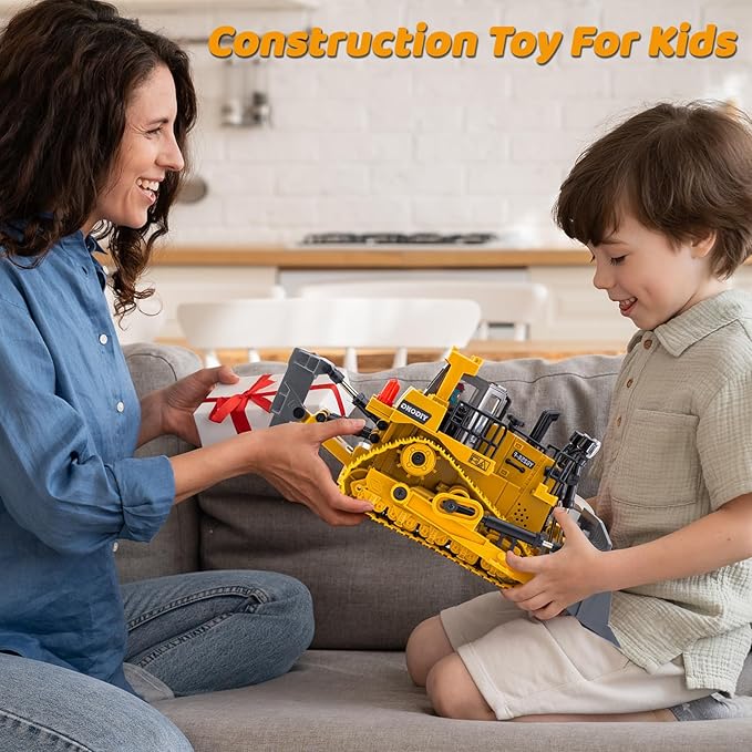 Rc Bulldozer Toys - Remote Control Bulldozer Construction Vehicles Trucks Toys for Boys Kids Age 7 8-12 - Metal Remote Control Electric Tractor Loader Toys with Light and Sound - Birthday Gift