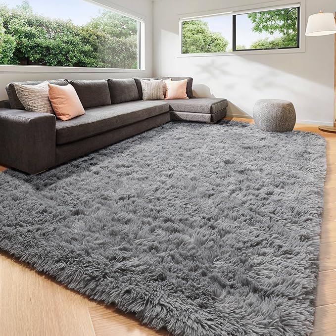 Amdrebio Grey Modern Fluffy Living Room Rugs,5x8 Rug,Furry Area Rug for Bedroom,Shaggy Indoor Rug for Kids Room,Plush Fuzzy Rug for Living Room Decor,Soft Farmhouse Carpet for Home Office Playroom