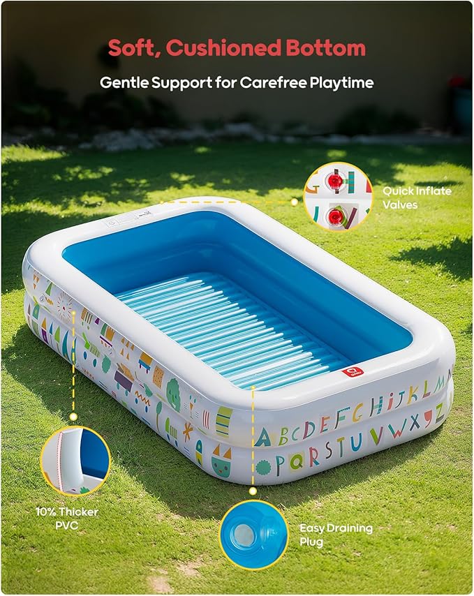 QPAU Kiddie Pool – 65" x 39" Inflatable Pool for Kids & Toddlers, Ball Pit & Baby Pool with Soft Cushioned Floor, Canopy for Sun Protection, Durable Outdoor Play Toys for Backyard & Indoor (Blue)