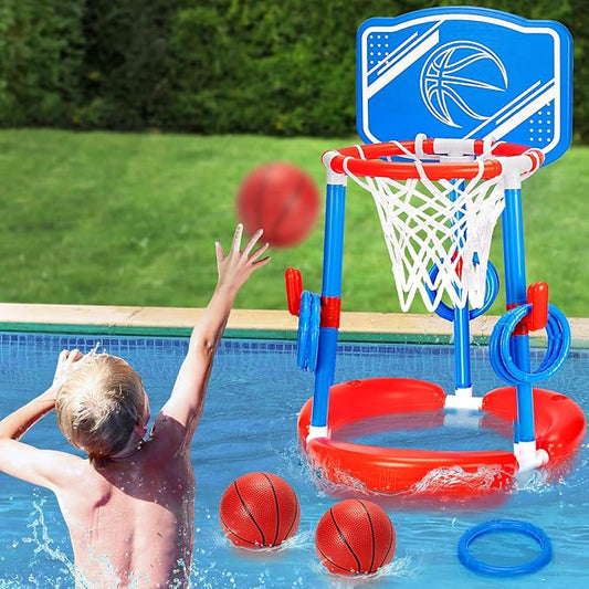 Pool Basketball Hoop, 2-in-1 Poolside Floating Pool Basketball Game, Swimming Pool Games for Kids Adults Indoor Outdoor Play, Water Play Toy Family Party, Includes Hoop, Balls, Pump, Backboard