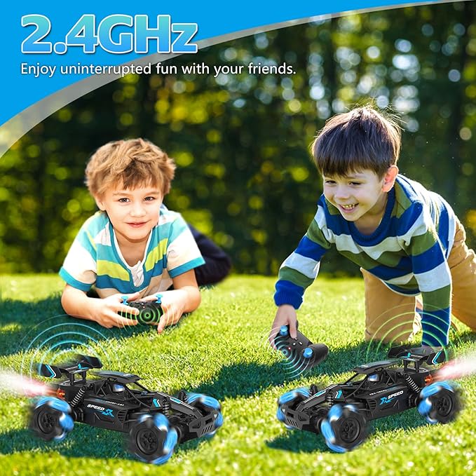 Eulogia Remote Control Car, 2.4GHz All-Terrain RC Stunt Truck with 360° Rotation, Sideway Drifting, One-Key Demo, Spray with Light. Best Car Toy for Boys Girls Kids Ages 4-12, Birthday Gift(Blue)