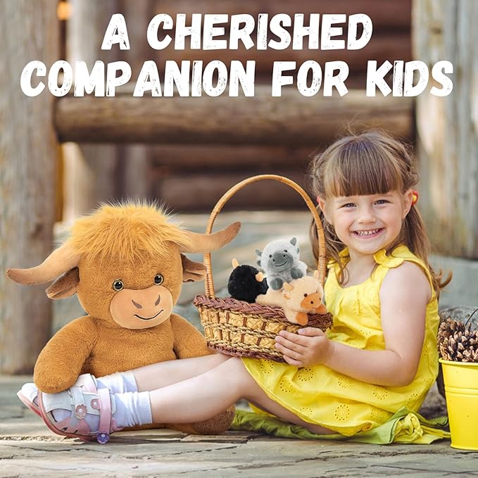 MorisMos Highland Cow Stuffed Animal Mommy with 3 Babies, 18" Scottish Cow Plush Toy Realistic Cattle Plushie Doll Home Farm Decor Gift for Kids Boys Girls
