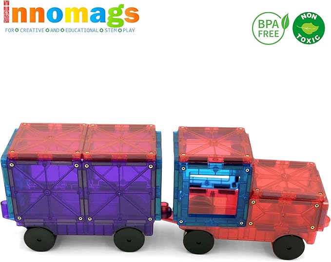 Magnet Tiles 110 Piece Magnetic Building Blocks Jumbo Tile Set, Clear 3D Magnetic Tiles Stem Educational Construction Playboards for Kids, Creative Clickins, Wheels, Bag, Safety Certified