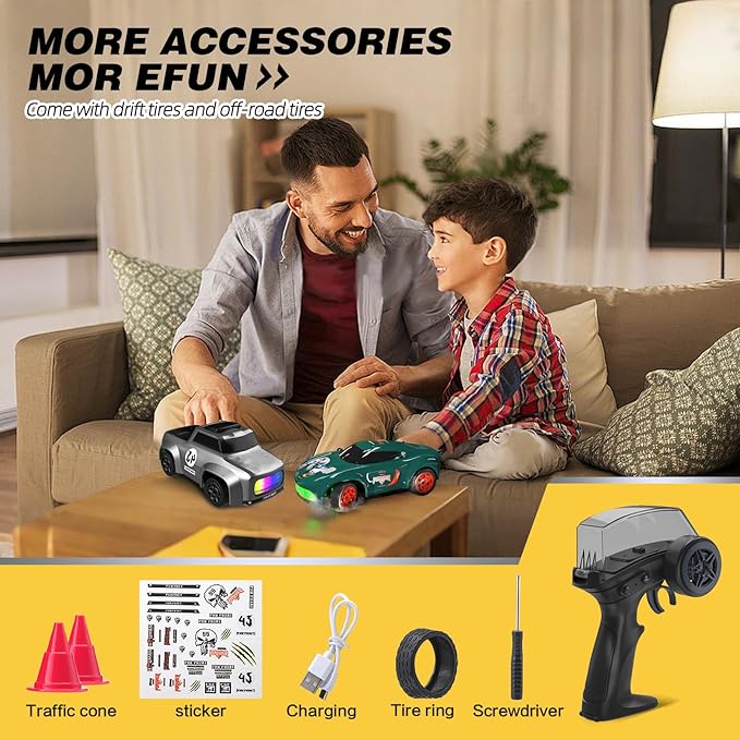 RC Drift Car 1/64 Scale Mini RC, 2.4Ghz Micro Turbo Racing 4WD Desktop Remote Control Rally Car with LED Lights for Adults Kid Toys Gift (Matte Gray Concept Model)