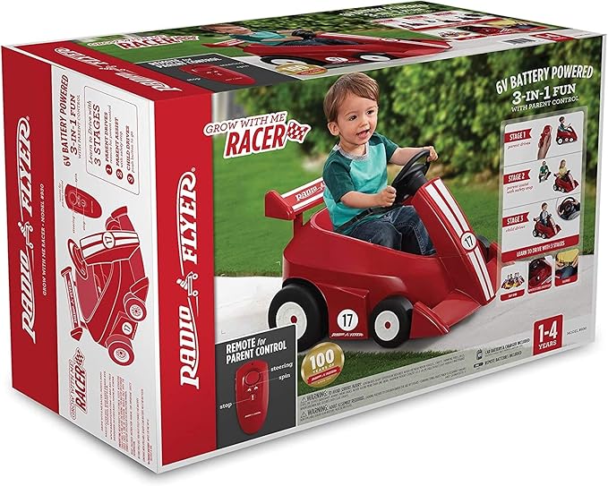 Radio Flyer Grow with Me Racer, Kids Battery Powered and Remote Control Ride On Toy, Red Toddler Ride On Toy for Ages 1.5-4 Years, Large