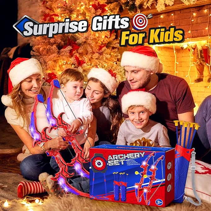 Spider Bow and Arrow for Kids, 2 Pack Archery Target Outdoor Toys Age 5-7 8-13 Boys Toys Light Up Shooting Games for 4 5 6 7 8-12 Year old Boy Birthday Gifts Bow Arrow Indoor Cool Stuff for Kid