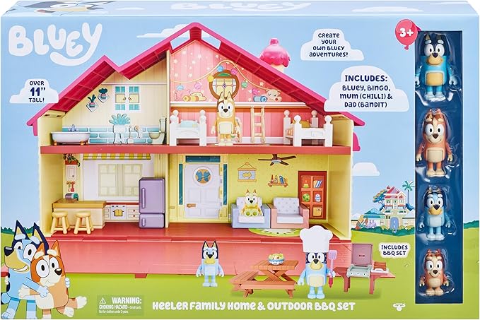 Bluey Mega Bundle Family Home & BBQ Playset – Amazon Exclusive, 4 Figures (Bluey, Bingo, Bandit, Chilli), 13+ Removable Furniture Pieces, Outdoor Patio, Accessories, Imaginative Playset for Kids 3+