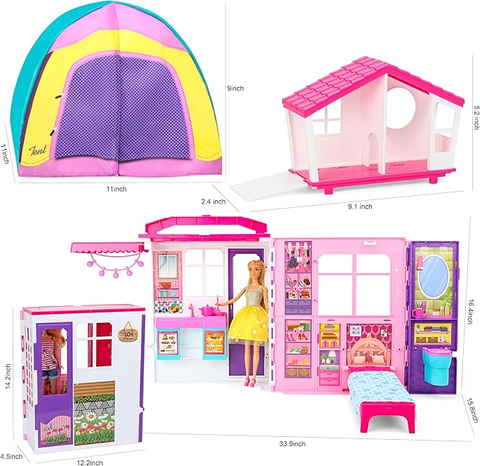 Doll House Portable & Foldable Dollhouse w/ 60+ Pcs & 2 Dolls, Play House Toy with Bedroom Kitchen Pet House Camping Playset, Playhouse Birthday Gift for Girl Kid Toddler