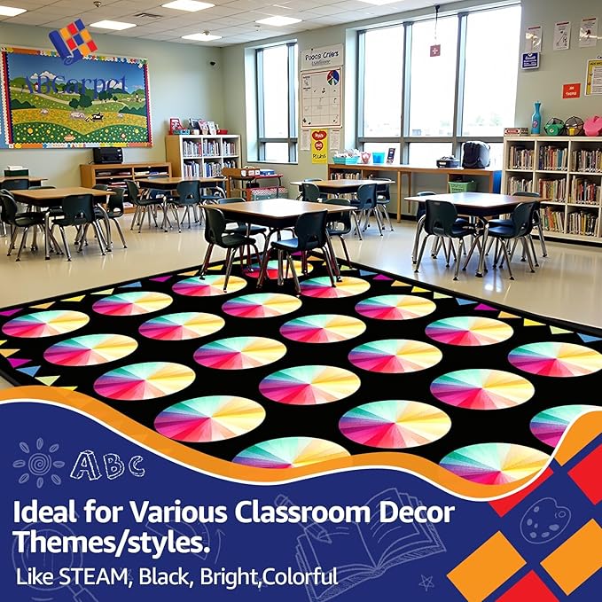 Classroom Rug Carpet for Elementary School Daycare Nursery Rug Non Slip Soft Washable Seating Rug Seats Teacher Rug Colorful Foldable Rolling Packing (6.5 x 9.8ft, B014-ColorCard-Economy)