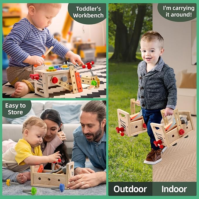 AiTuiTui Wooden Kids Tool Set, 29Pcs Montessori Toddler Toys with Tool Box, Educational Pretend Play Construction Stem Learning Toys for 2 3 4 5 Year Old Boy Girl, 1st Birthday Gifts