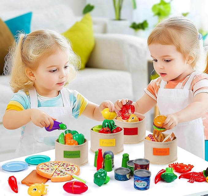 ilauke 87Pcs Cutting Play Food Toy for Kids Kitchen, Pretend Play Food Set for Toddlers with Interactive Cutting Kitchen Toys, Learning Toys Play Food Set for Daycare Educational Toy