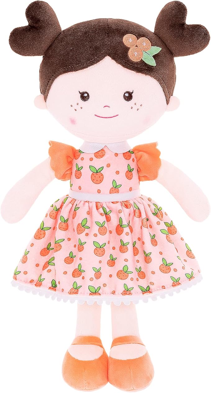Onetoo Baby Soft Dolls Girls First Baby Doll Sleeping Cuddle Buddy Dolls Plush Rag Doll for Girls Wear Orang Dress 14"