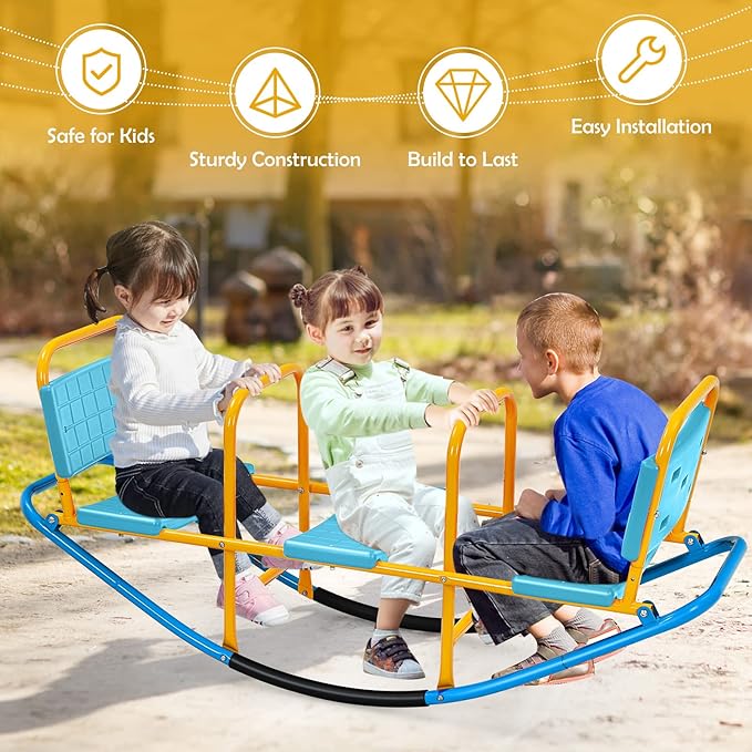Costzon Teeter Totter Seesaw for Kids Outdoor, 2 in 1 Metal Rocking Seesaw for Toddlers with Easy-Grip Handles, Indoor Outdoor Rocker Toy Gifts for Ages 3-8, 1-3 Person Home Preschool Backyard See Saw