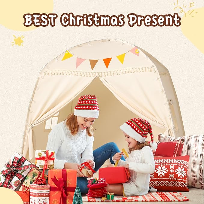Large Toddlers Bed Tent Canopy: with Lights and Flags for Girls and Boys House Gifts - Monobeach Kids Play Tent Indoor Princess Toys - Portable and Foldable Children Playhouse Outdoor