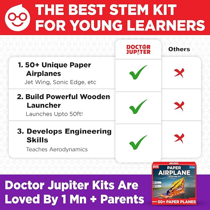 Doctor Jupiter Paper Airplane Book Kit for Kids Ages 6+ | Birthday Gift Ideas for 6-7-8-9-10-11-12 Year Old Boys & Girls | Learning & Educational STEM Toy with 50 Paper Airplanes and Launcher