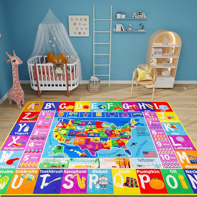 USA Map ABC Kid Rug for Playroom 78.7"×59" Classroom Play Rug Educational Baby Playmat Alphabet Rug State Symbols, ABC Letters, Numbers, Seasons&Shapes Fluffy Ployester Non-Slip Preschool Nursery Rug