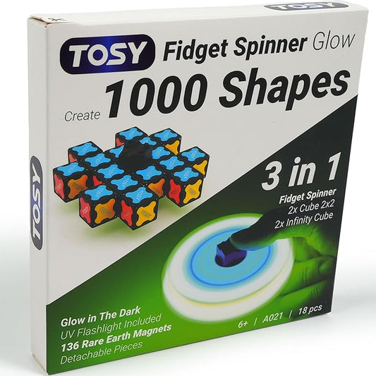 TOSY Magnet Fidget Spinner Glow - 16 Blocks, 3 in 1 Toy: Transformable Fidget Spinner, Infinity Cube, 2x2 Puzzle Cube, Glow, Stress Relief, STEAM Magnet Tiles Birthday Gift for Kids/Boys/Girls/Adults