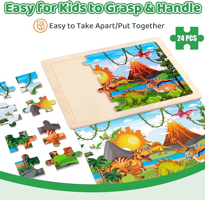4 Pack Dinosaur Wooden Puzzles for Kids Ages 3-8 - 24-Piece Toddler Puzzles with Seasons - Educational Montessori Dino Toys for Boys Girls - Birthday Christmas Easter Gift for Kids 3 4 5 6 7 Year Old