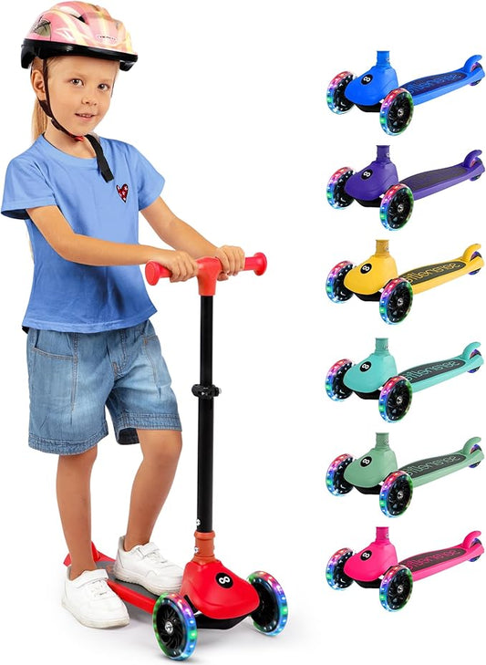 SereneLife 3 Wheel Foldable Kids Scooter - Foldable Seat, LED Wheel Lights, Adjustable Handlebar, Rear Foot Brake, Lean-to-Steer, Anti-Slip Deck, Ideal for Toddlers Kids 3+, up to 110Lbs